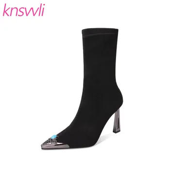 

New Metal Jewels Pointed Toe Ankle Boots Women Suede Stretch Boots Strange Style High Heel Runway Shoes Woman Zapatos De Mujer