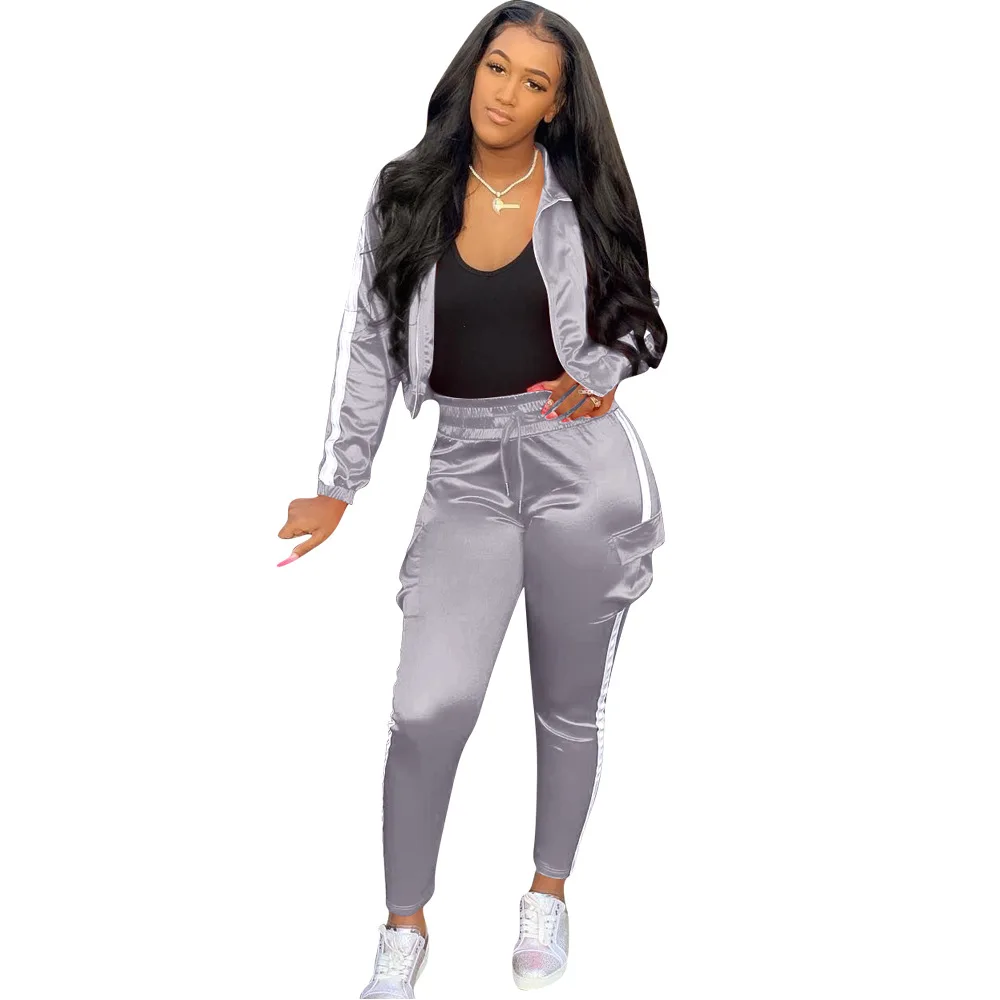 

Adogirl Casual Women Reflective Stripe Two Pieces Set Long Sleeve Zipper Jacket Jogger Pants Suit Fashion Women Set Tracksuits