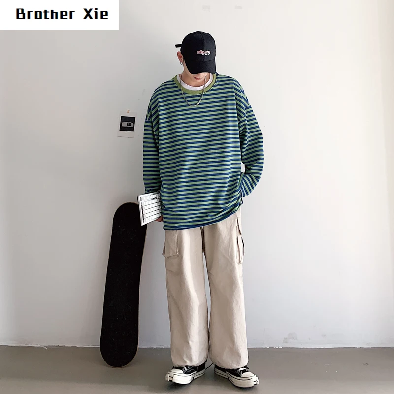 

Striped Hoodies Men Fashion Contrast Cotton Casual O-Neck Pullover Man Streetwear Joker Hip-Hop Loose Sweatshirt Male M-5XL