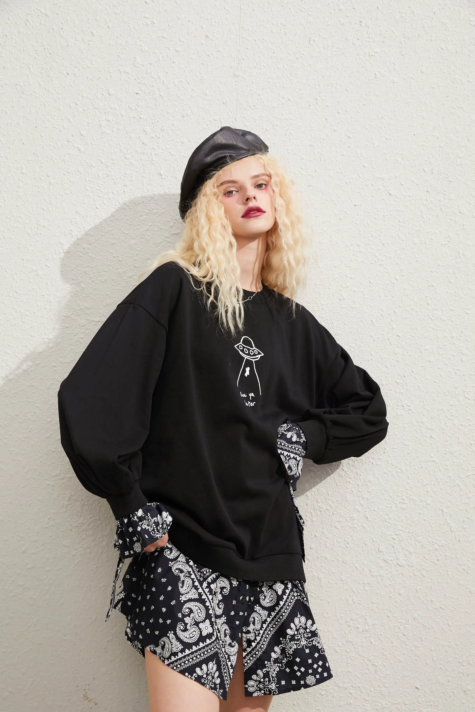 ELFSACK Black Graphic Print Casual Mini Dress Women,2020 Autumn ELF Vintage Full Sleeve Patchwork ,Korean Ladies Daily Dresses