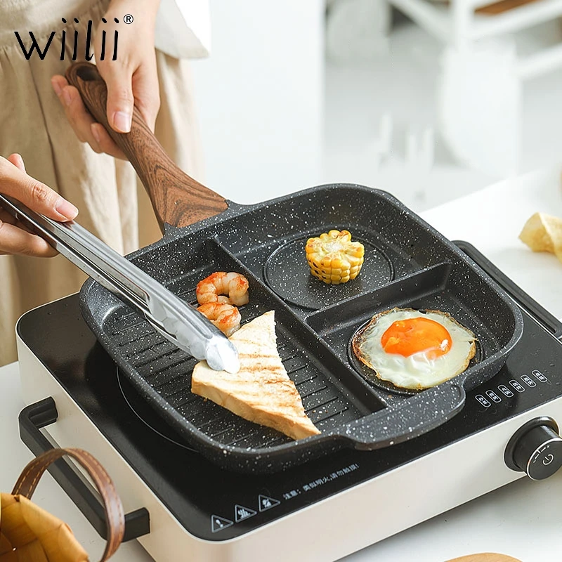 Wiilii 3 Holes Meal Skillet Nonstick Breakfast Frying Pan Aluminum Griddle  Divided Pan Induction Cooker Cooking Tools Cookware