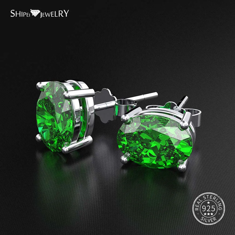 Shipei 925 пробы серебряные ювелирные изделия Сапфир Изумруд Рубин гипоаллергенные овальные серьги-гвоздики для женщин подарок на день рождения - Цвет камня: Emerald