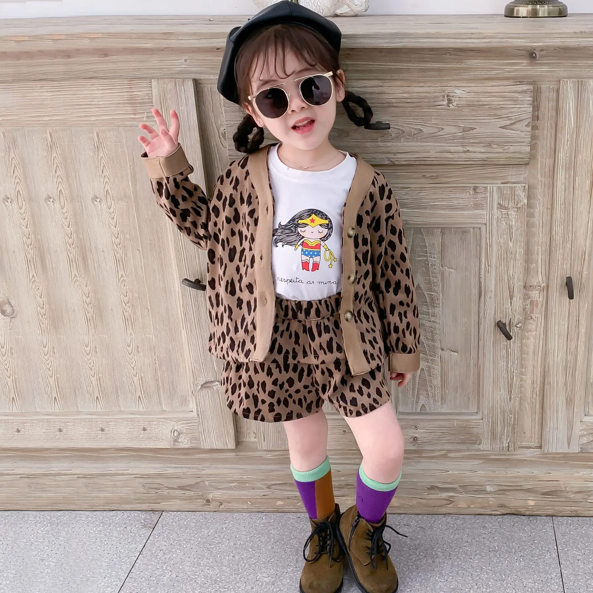 Леопардовый Кардиган для девочек+ шорты; комплект одежды; осенний комплект одежды с длинными рукавами для детей; Модная одежда для детей