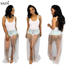 VAZN Лето Новая женская сексуальная мода Высокая талия кружева выдалбливают соединяя вместе открытый вилка личности джинсовая юбка MD164