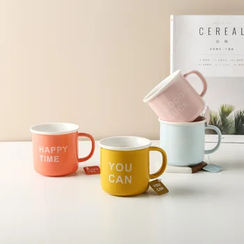 

Creative Color Ceramic Mug Brief Letter Coffee Mug with Handle Large Capacity Household Breakfast Milk Mugs Office Drinking Cups