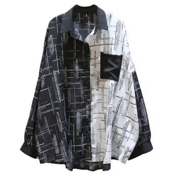 

QING MO Black Women Spring Blouse 2020 Women Patchwork Blouse Dot Printed Blouse Female Turn Down Collar Loose Top ZQY2834