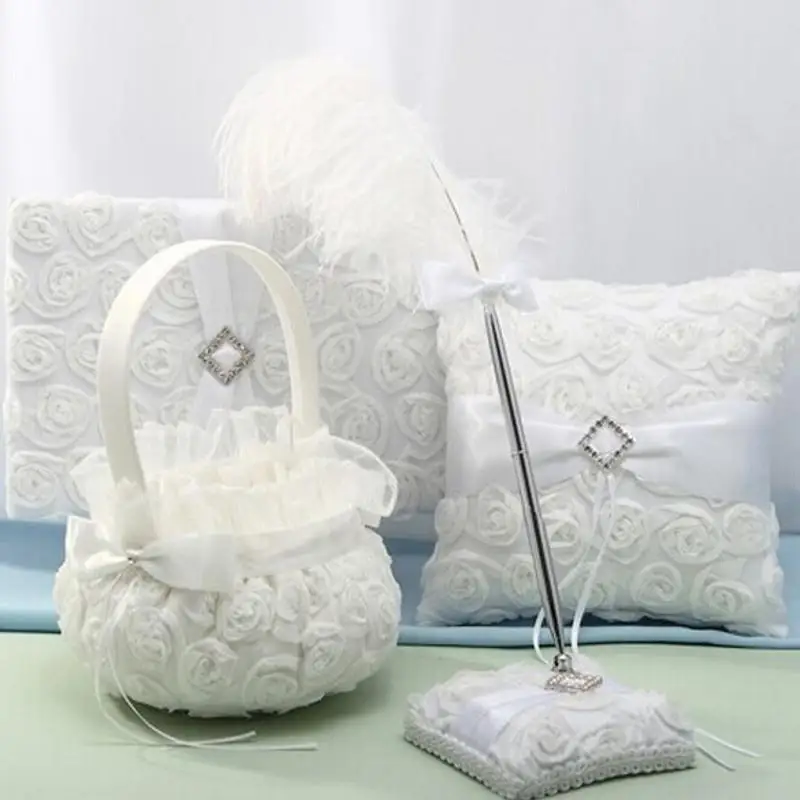 

Romantic Wedding Ceremony Party Love Case Satin Bowknot & Rose Flower Girl Basket Beautiful Wedding Flower Girl Basket