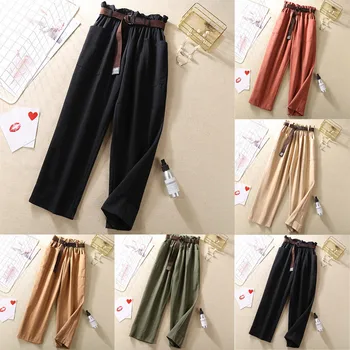 

Autumn NEW Fashion Pants Womens Solid Pocket Elastic High Waist Sashes Casual Loose Wide Leg Leggings Pants Freeship брюки