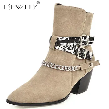 

Lsewilly 2020 Cowboy Boots for Women Pointed Toe Western Boots Flock Women Ankle Boots Block Wedges Boots Autumn Winter Botas