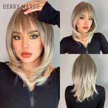 

HENRY MARGU Long Straight Layered Synthetic Wigs Hairstyle Ombre Brown Ash Blonde Wigs with Bangs for Black Women Heat Resistant