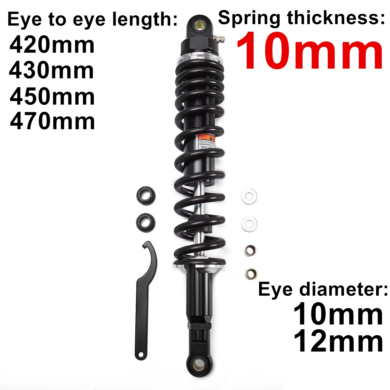Spring 10mm Motorcycle Air Shock Absorber Rear Suspension 420mm 430mm 450mm 470mm Motor Scooter ATV Quad Dirt Bike 320lb 150KG
