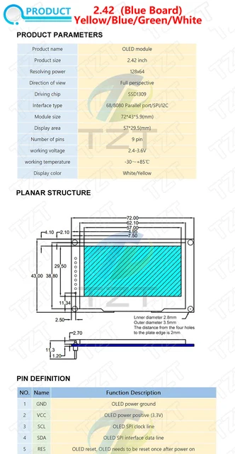 Display OLED 2.42 Pollici 128x64 - Modulo LCD Con Interfaccia SPI/IIC, SSD1309 - Foto 3