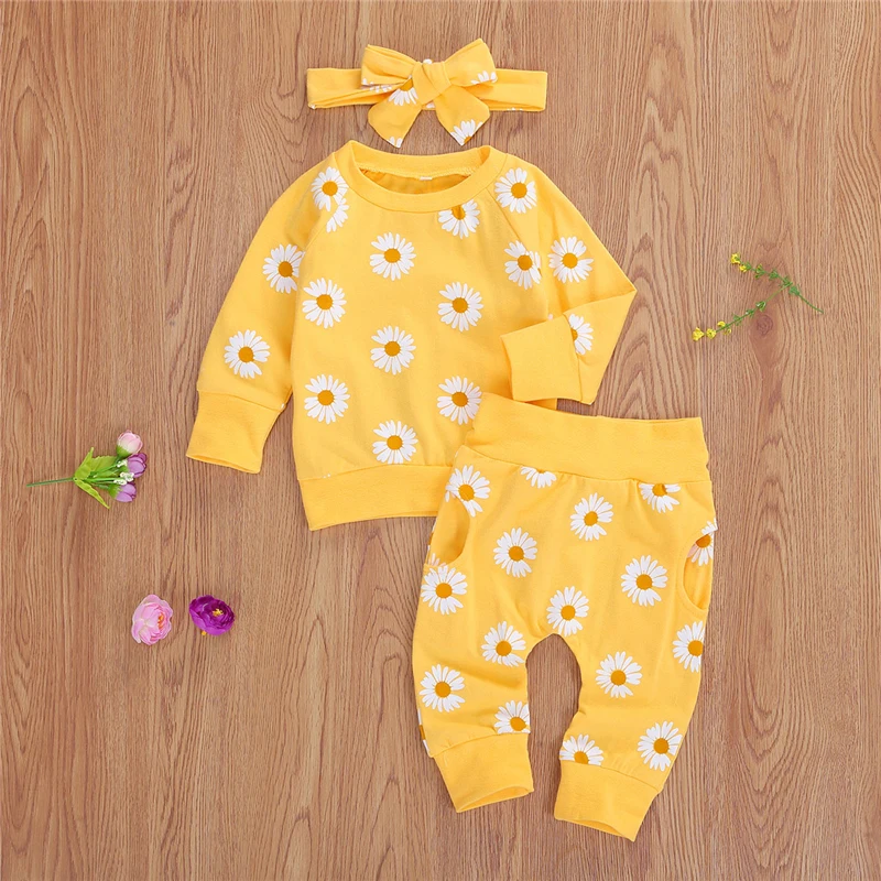 Spring New Fall Autumn Infant Baby Girls 3Pcs Set Long Sleeve Lovely Print Top Pants Headband Toddler Outfits Clothes