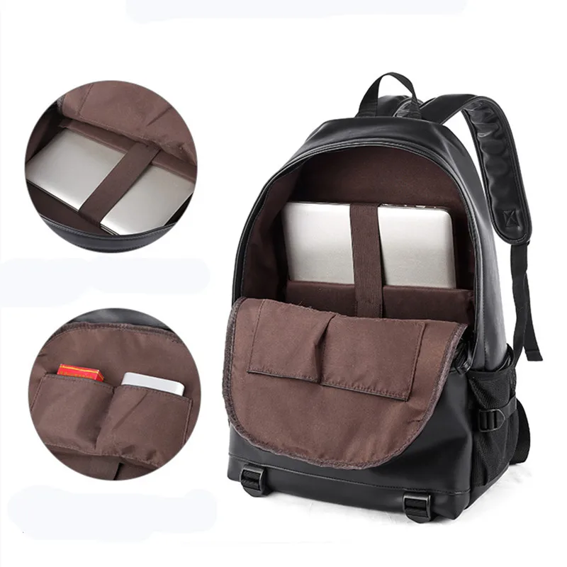 New Fashion Men Leather Backpack Black School Bags for Teenager Boys 15.6 Inch Laptop Backpacks Mochila Masculina High Quality 6