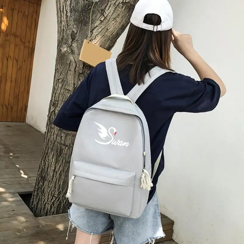 

4Pcs/set Women School Backpack Canvas Women Swan Print Pen Bag Cross-Body Bag For Teenagers Girls Book Bag Rucksack