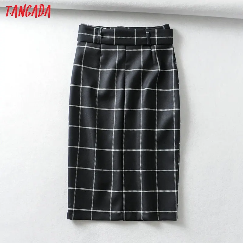 Tangada, женская черная клетчатая юбка-карандаш для работы, винтажная элегантная Офисная Женская юбка с поясом, Ретро стиль, юбки до середины икры 6A123