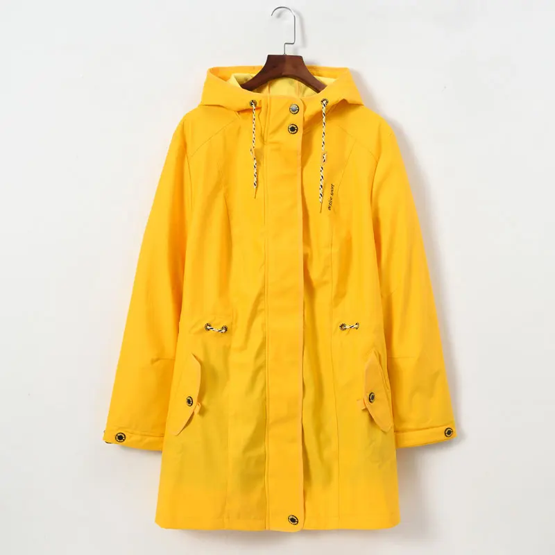 Зимнее пальто в Европейском стиле, ветронепроницаемое, непромокаемое, с капюшоном, плюс Вельветовая Длинная ветровка, для женщин, большой размер, должен быть, скрытая молния, дождевик - Цвет: Цвет: желтый