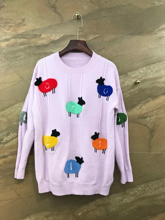 

Early Autumn, 2019 New Woman Dome Neck Animal Embroidery Patterns Stitching Decoration Long Sleeve Sweater Knitted Shirt 901