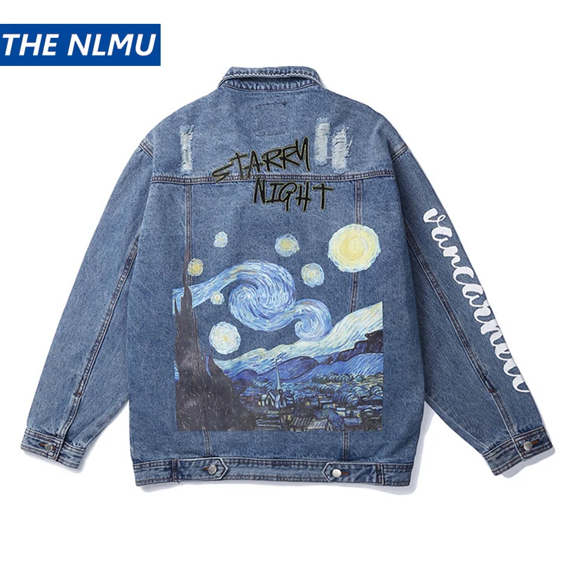 

Mens Denim Jackets Van Gogh Starry Night Embroidery Print Distressed Destroyed Denim Jean Jackets Coats Hip Hop Streetwear HC002