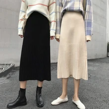 Универсальные женские плиссированные юбки Корейская Ретро шикарная простая трикотажная юбка с высокой талией осенне-зимняя однотонная Элегантная черная Юбка-миди Falda