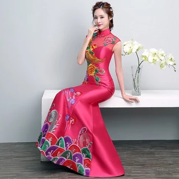 

2019 New Bride Chinese Embroidery Fishtail Toast Long Slim Wedding Improve Cheongsam Banquet Evening Dress
