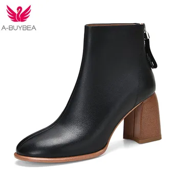 

Leather Ankle Boots for Women Autumn Winter Back Zipper Ladies High Heels Shoes Solid Round Toe Woman Western Boots Shoes Women