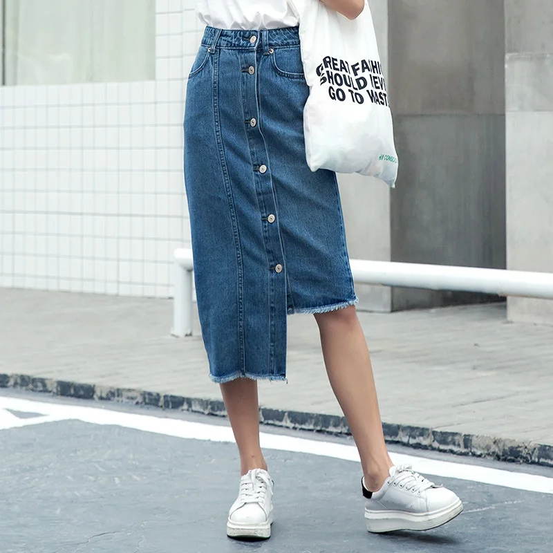High Waist Vintage Denim Skirt Fashion Women Skirts Pencil Button Scratche Tassel Female Asymmetry Jeans Skirt Femme AA4930
