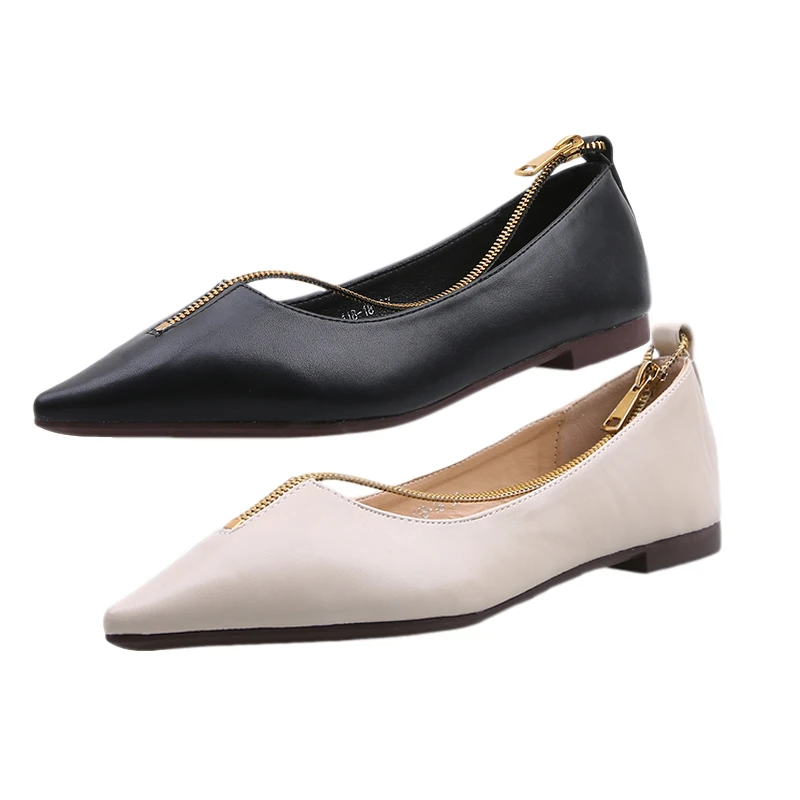 

Fashion Leather Flats Women 2020 Spring New Pointed Head Non Slip Zipper Casual Womans Work Shoes Beige Platform Shoes Female