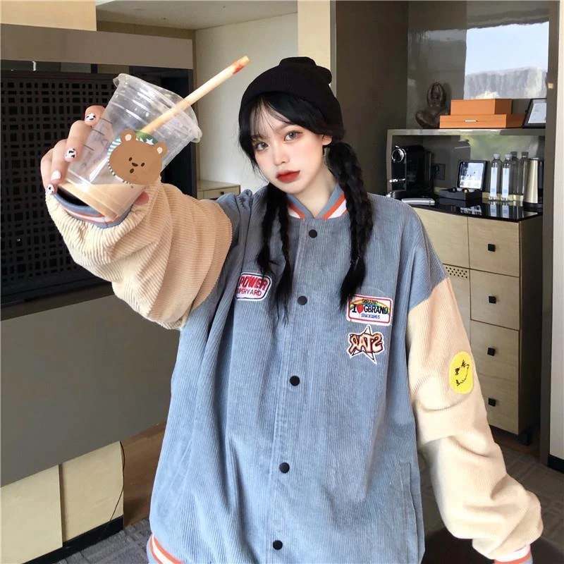 ジャケット女性ファッションコーデュロイロングコート爆撃機野球ユニフォームカジュアルルース原宿ゴシック服女性レディースストリート Aliexpress Women S Clothing