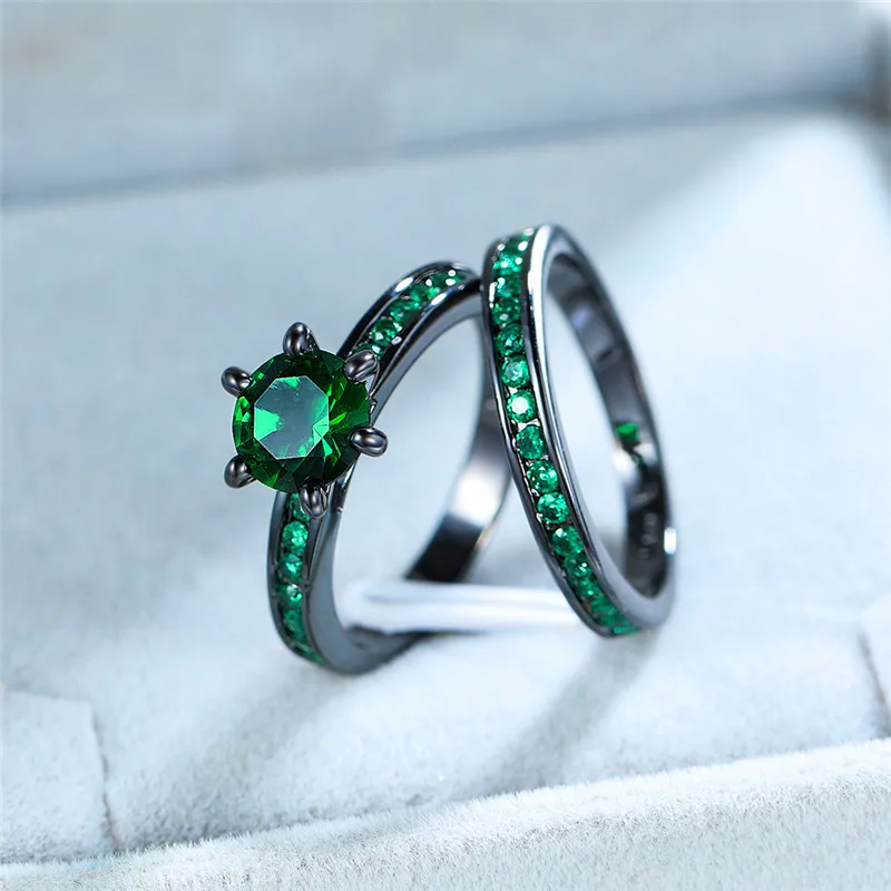 Очаровательный женский зеленый круглый комплект колец винтажные черные золотые
