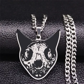 

Fashion Goth Cat Head Skull Stainless Steel Chain Necklace Women Black Silver Color Necklace Jewelry collares de mujer N4033S02