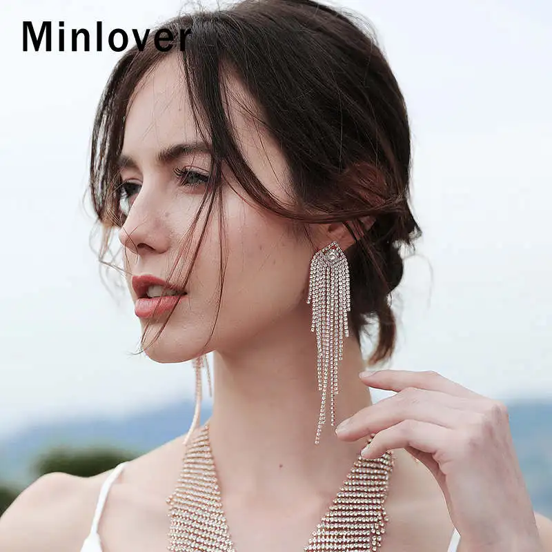 Серьги-подвески Minlover серебристого цвета с длинной металлической кисточкой для женщин, корейские стразы, свадебные серьги с бахромой, ювелирные изделия MEH1647
