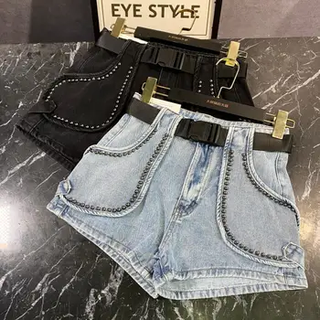 

2020 Metal Rivet Edge Design Denim Short Women Belt 3-point Wash Denim Shorts For Women
