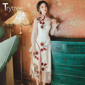 

Trytree 2020 Spring Two piece set Casual Solid Long Vest + Mesh Dress Cheongsam Rose Embroidery Split Hem Set 2 Piece Set