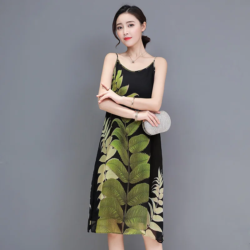 

2018 Summer Wear New Style Korean-style Loose And Plus-sized Slimming Printed Base Skirt Camisole Floral-Print Chiffon Dress Wom