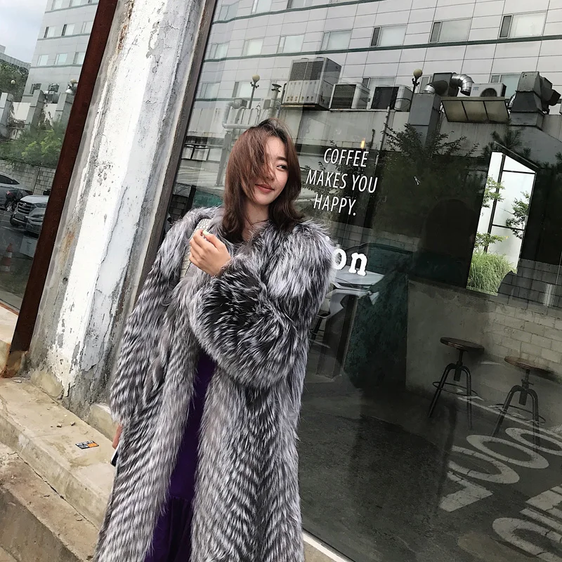 MLHXFUR на заказ 100 см длинное пальто из меха серебристой лисы, саржевое длинное пальто в полоску, верхняя одежда, одежда размера плюс, зимние пальто в кожаную полоску