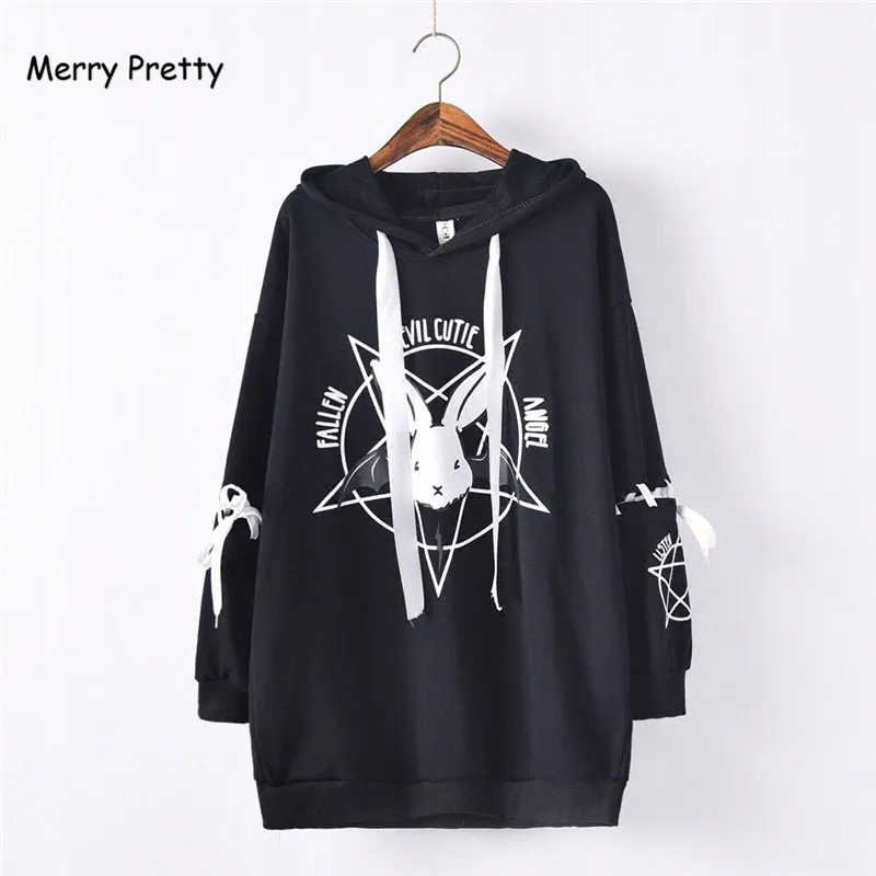 

Merry Pretty Black Hoodies Sweatshirts Women Rabbit Print Lace Up Sleeve Drawstring Long Pullovers BF Hooded Sweatshirt Student