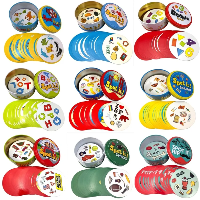 Carte de jeu de société Dobble avec boîte en métal, style Spot it, version anglaise de base, accessoire pour vacance, camping et fête, jouet Shalom,