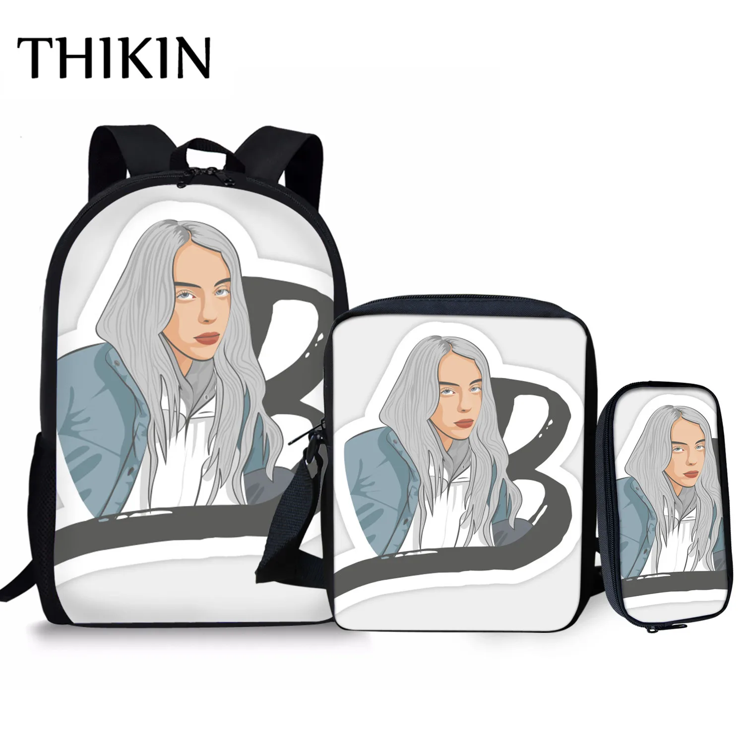 Рюкзак THIKIN Sunflower Billie Eilish с принтом, 3 шт., школьные сумки для девочек-подростков, популярная Повседневная сумка, певица, раппер, пенал - Цвет: As picture