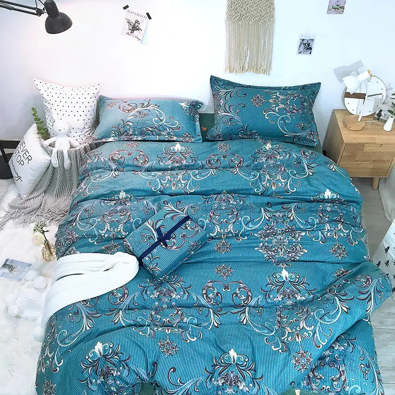 

Sanding Bedding Set Silver trimmed flower Bed Set blue Duvet Cover Set Skirt lace Bed Sheet Pillowcases Queen size bed