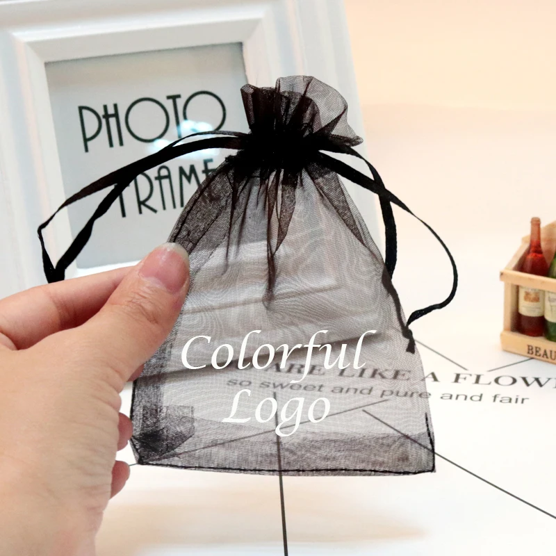 100Pcs Customized personalized Logo black Drawstring Organza Bags small Pouches Jewelry Package Bags jewels yarn Gift Bag