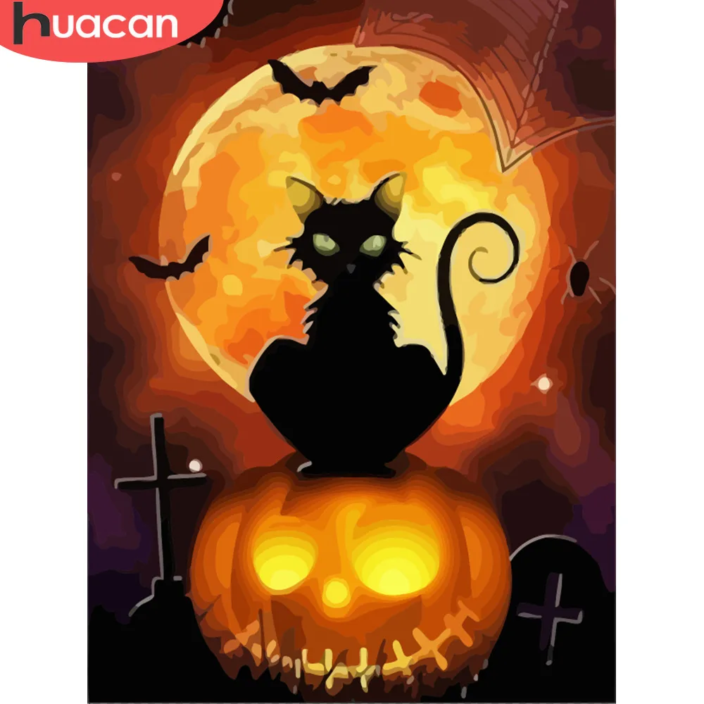 

HUACAN Oil Painting By Numbers Halloween Animals Kits Drawing Canvas HandPainted DIY Pictures By Numbers Cat Home Decor