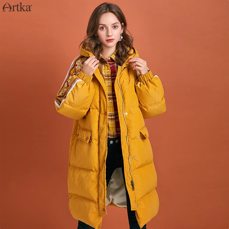 Goede ARTKA 2019 Winter Nieuwe vrouwen Down Jas 90% Witte Eendendons Extreem Warm Uitloper Hooded Geborduurd Lange Donsjack ZK10195D
