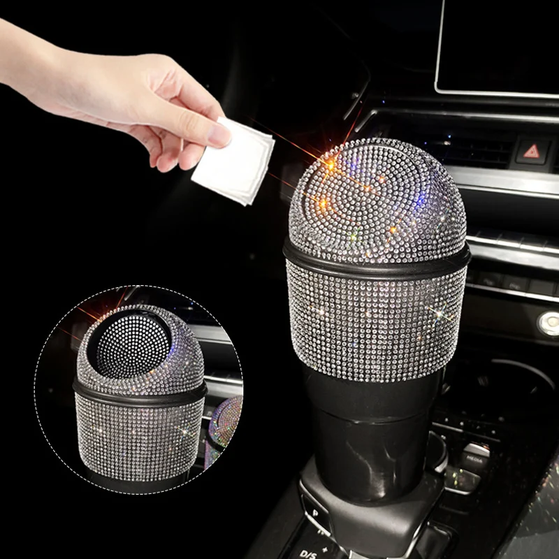 eing Car Trash Can Bling Car Garbage Can Container Hanging Wastebasket with Pure Diamonds 