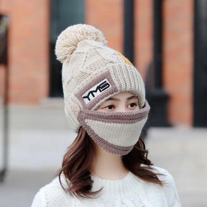 Women's Winter Scarf Hat Sets Hats Knitted Face Protection Mask 3 Pieces Set Balaclava Skullies Beanies Ski Beanie Warm Thick