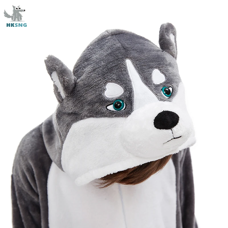 Kigurumi Flannel Adult Huskie Dog Onesie Cartoon Pajama Animal Husky Halloween Party Costume Jumpsuits Hooded Pyjamas
