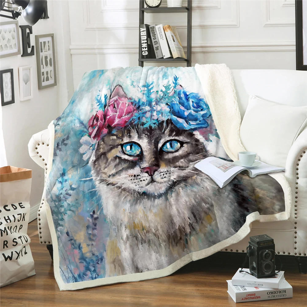 Cute Cat Flower Blanket 3D Animal Print Plush Throw for Beds Sofa
