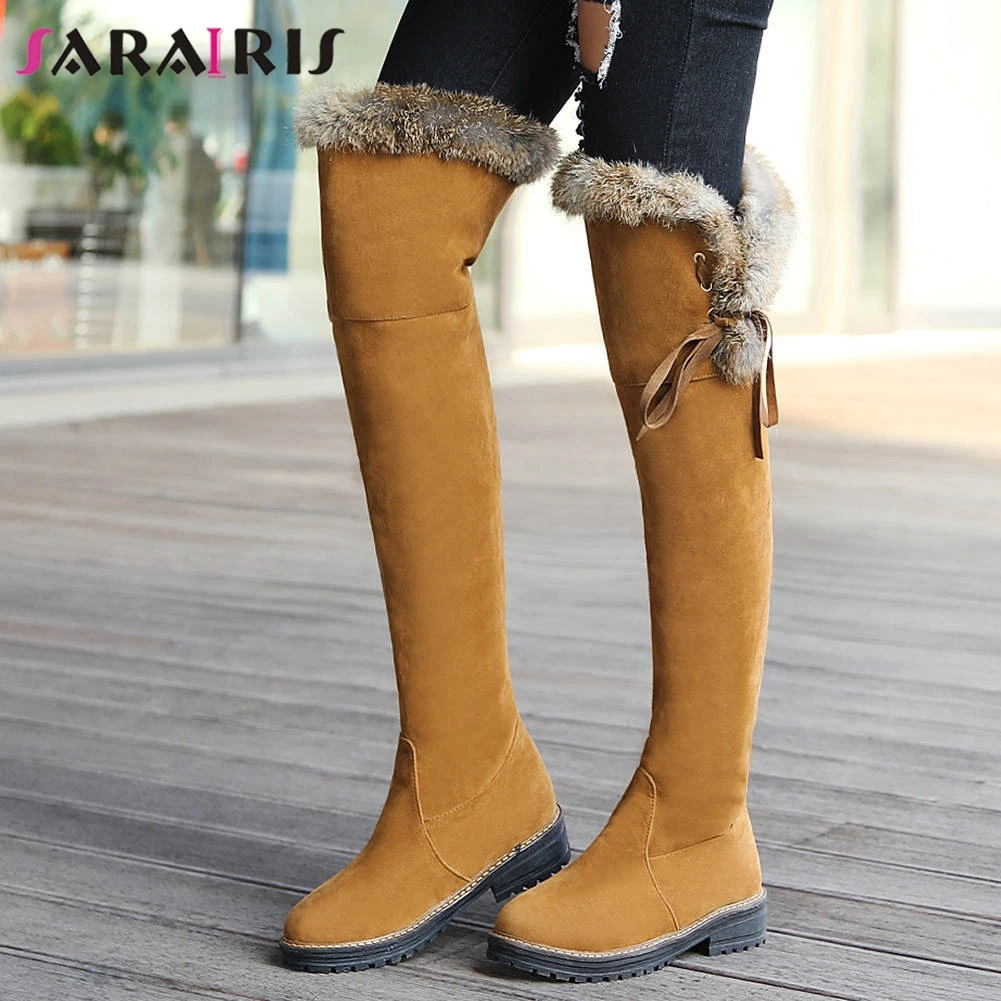 

SARAIRIS New 34-43 Elegant Fur Decorating Boots Ladies Thigh High Boots Women 2019 Med Heels Shoes Woman Over The Knee Boots