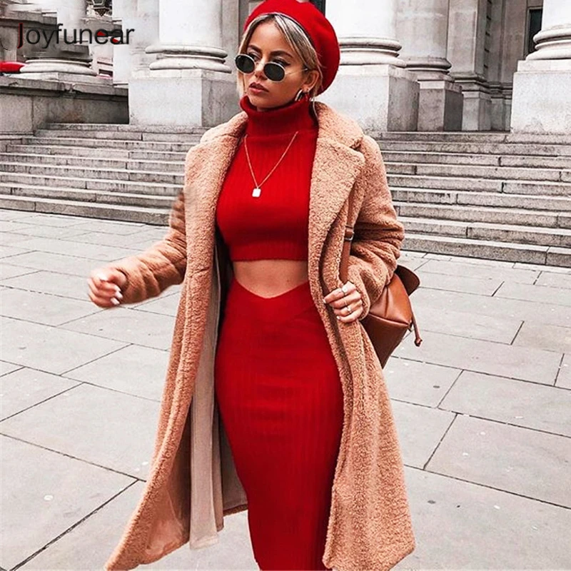 

Joyfunear Autumn Red Knitted Sweater Sexy Two Pieces Set Turtleneck Top And Skirt Women Set Winter 2 Piece Set Women Outfit 2019