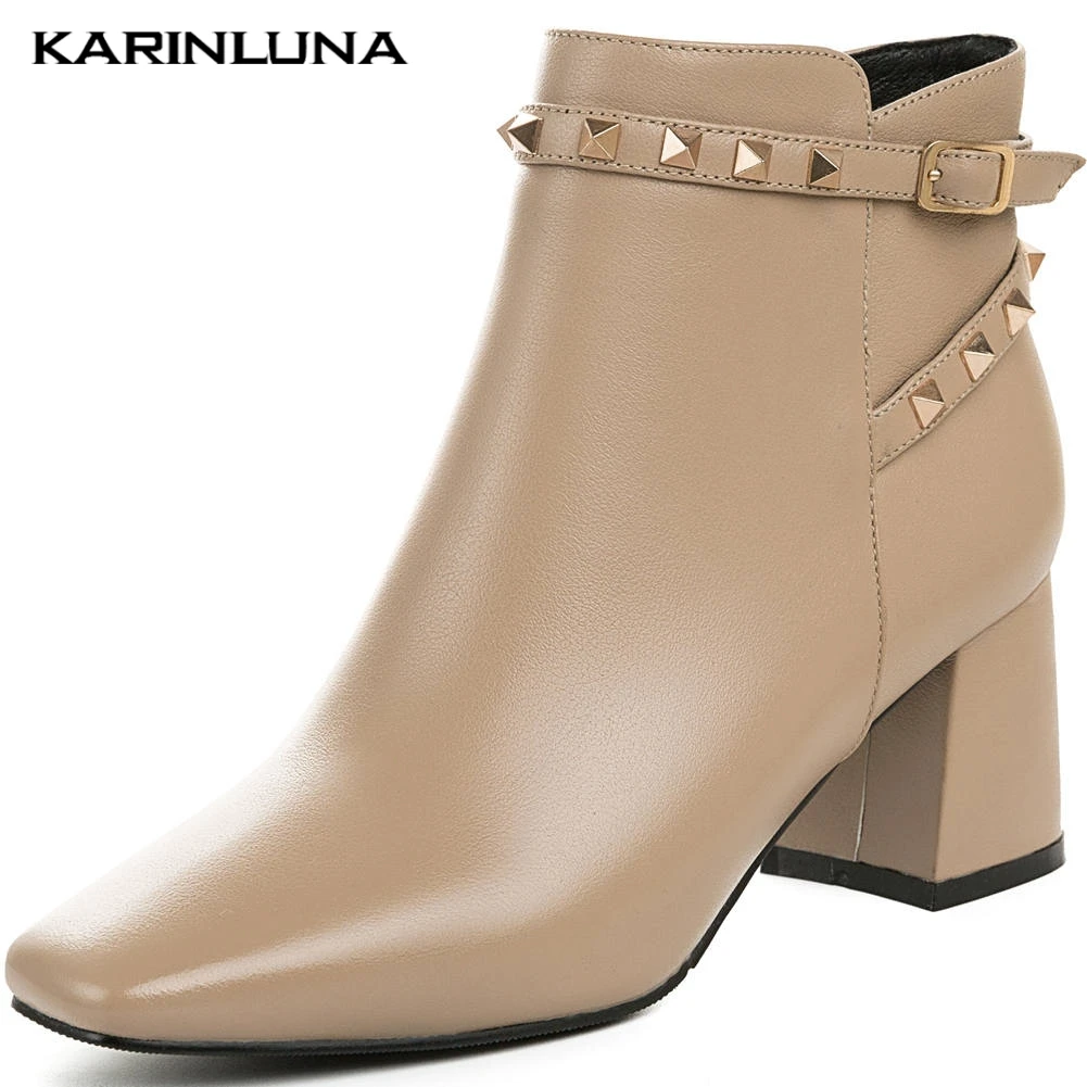 

Karinluna Genuine Cow Leather 2019 Fashion Zip Up Ankle Boots Woman Shoes Square Toe Rivet Autumn Winter Shoes Women Boots